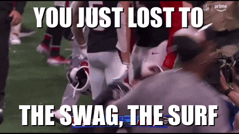 a picture of a football team with the caption " you just lost to the swag the surf "