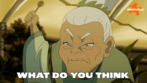 a cartoon of an old woman holding a stick and the words what do you think below her