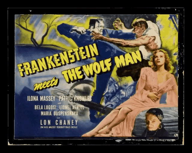 a poster for frankenstein meets the wolf man features ilona massey patrick knowles bela lugosi maria suspenskava and lon chaney