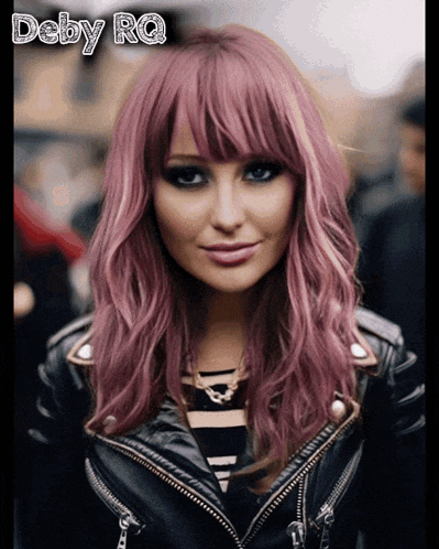 a woman with pink hair and the name deby rq on the bottom