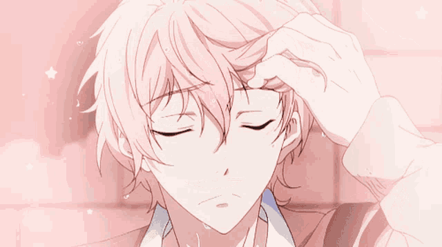 a boy with pink hair and blue eyes winks