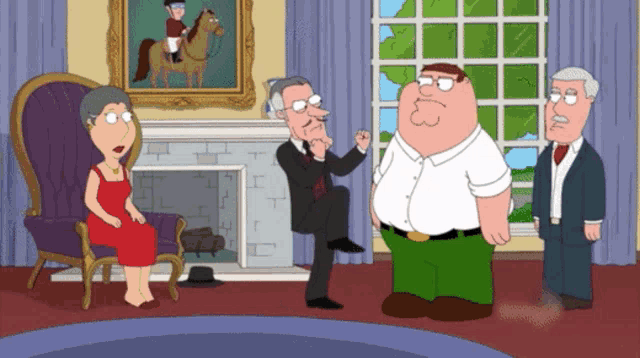 a cartoon of peter griffin standing in a living room with other characters