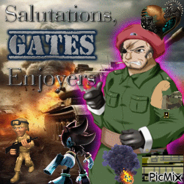 a poster for salutations gates enjoyers with a man in a green uniform giving a thumbs up