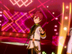 a group of anime characters are standing on a stage in front of a purple background .