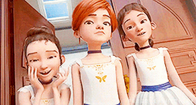 three cartoon girls are standing next to each other in front of a door and smiling .