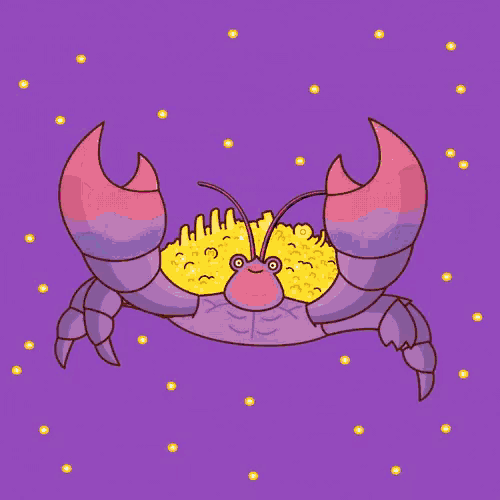 an illustration of a crab holding a pile of gold coins on a purple background