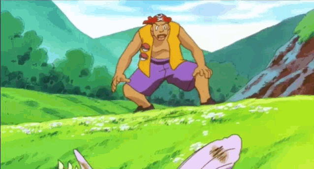 a cartoon character is standing in a grassy field with mountains in the background .