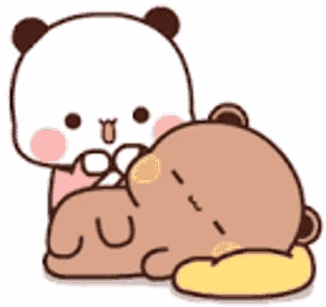 a panda bear is laying on top of another panda bear .