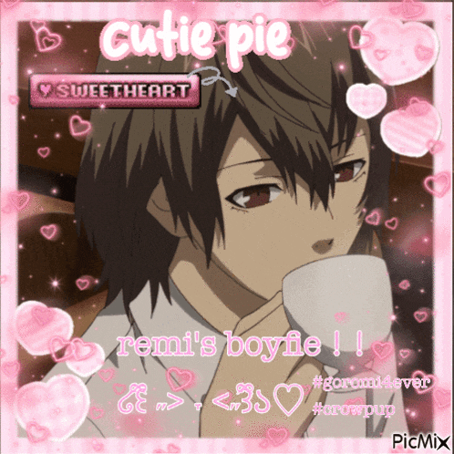 a picture of remi 's boyfie with pink hearts around it