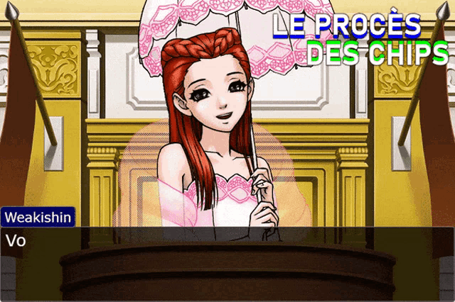 a cartoon of a woman holding an umbrella with the words " le proces des chips " behind her