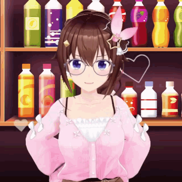 a girl in a pink sweater is standing in front of a shelf full of bottles