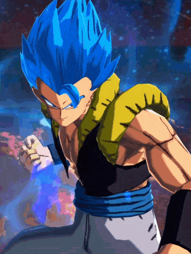 a cartoon character with blue hair and a yellow waistband