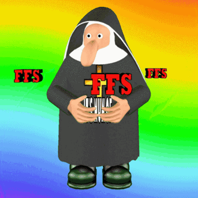 a cartoon nun holding a sign that says efs on it