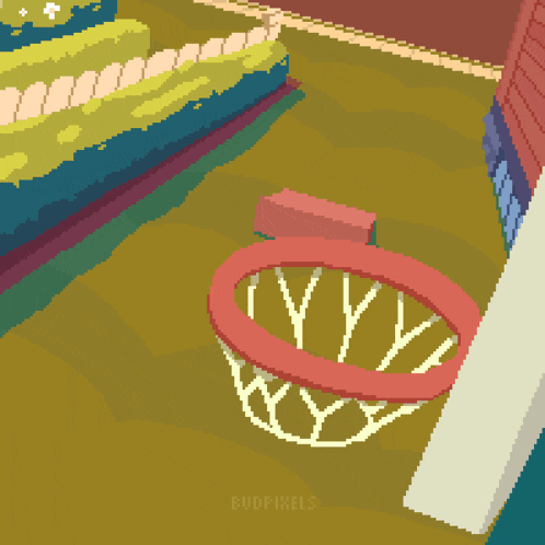 a pixel art of a car driving through a basketball hoop with budpixels written below it