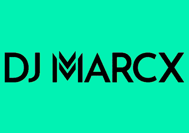 a logo for dj marcx is displayed on a green background
