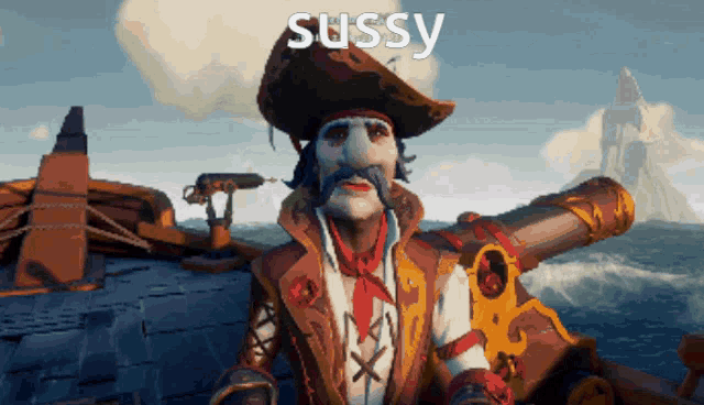 a pirate in a video game with the word sussy below him