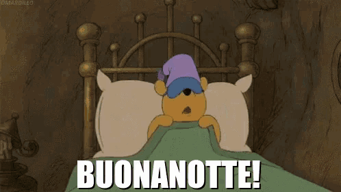 a cartoon of winnie the pooh laying in bed with the words buonanotte written above him