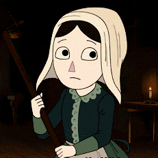 a cartoon girl with a scarf around her head holds a stick