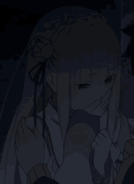 a girl with white hair is covering her mouth with her hands