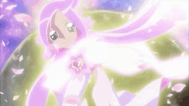 a girl with pink hair and a heart on her chest is surrounded by pink petals