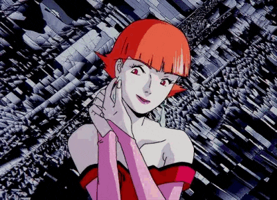 a woman with red hair and pink gloves stands in front of a geometric background