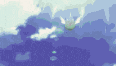 a blue background with a few white clouds and a green object in the middle