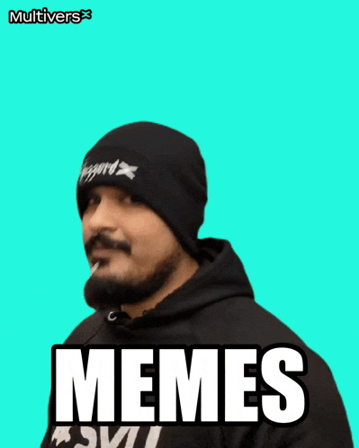 a man with a beard wearing a beanie and a hoodie says memes