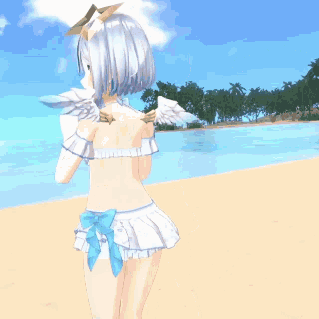 a girl with wings is standing on the beach