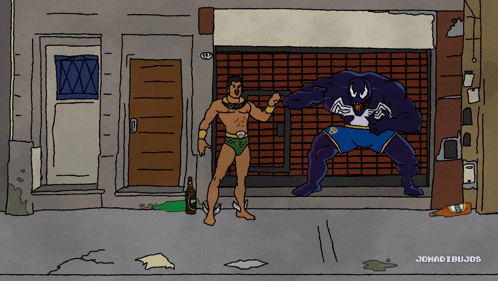 a cartoon of a man standing next to a giant venom with the name jonad dibujos on the bottom