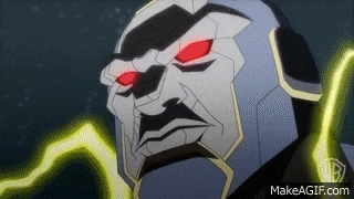 a close up of a cartoon character 's face with red eyes and a yellow lightning bolt behind him .