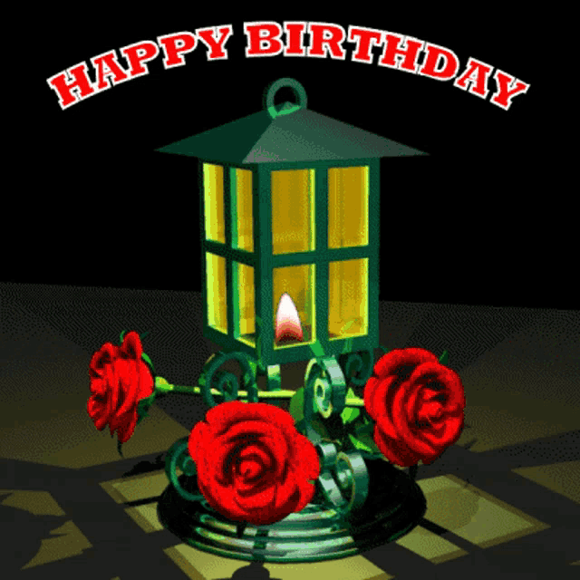 a lantern with red roses and the words happy birthday above it