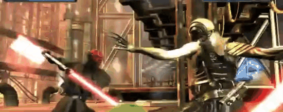 a man is holding a lightsaber in a video game while another man holds a lightsaber .