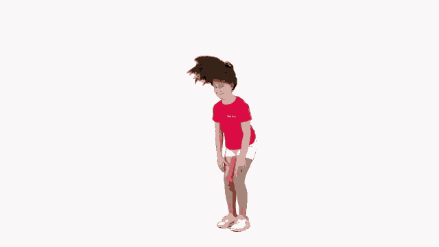 a young girl in a pink shirt and white shorts is jumping in the air