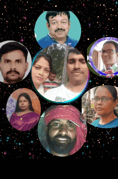 a group of people with their faces in circles