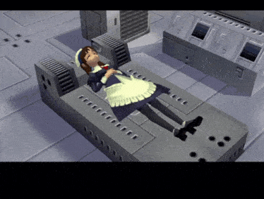 a girl in a maid outfit is laying on a bed