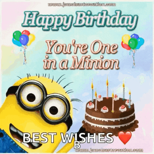 a happy birthday card with a minion next to a cake and balloons .