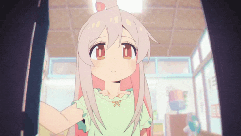 a girl with long white hair and red eyes is looking at the camera