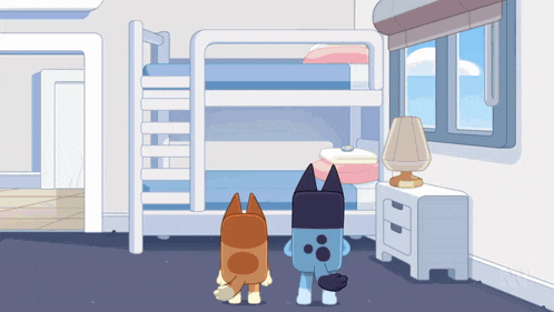two cartoon characters standing next to a bunk bed in a bedroom