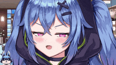 a close up of a blue haired anime girl with a hoodie on