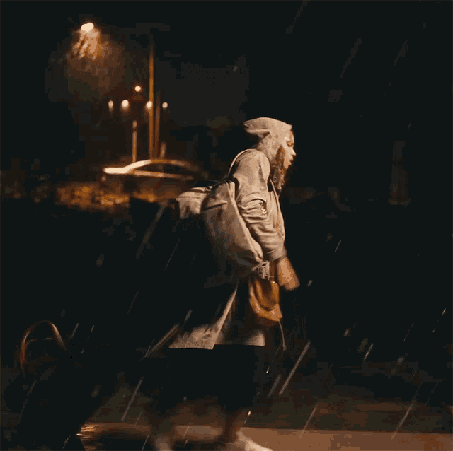 a person in a hooded jacket with a backpack on their back