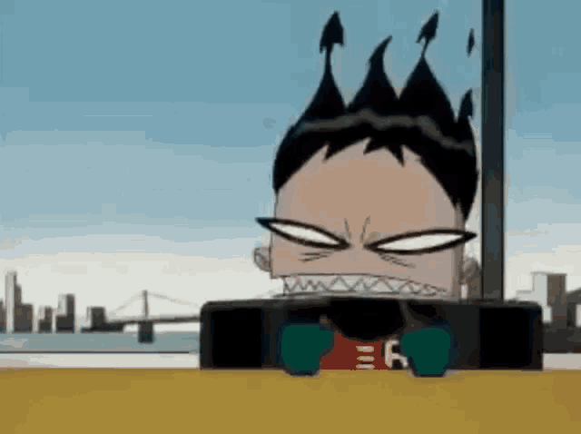 a cartoon character with a crown on his head is sitting in front of a city .