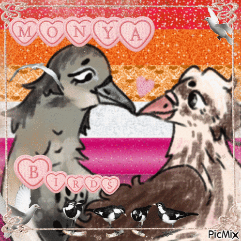 a picture of two birds kissing with the name mony a birds