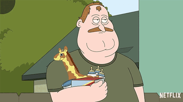 a man with a giraffe on his shoulder is holding a stack of baby bottles and a can of netflix