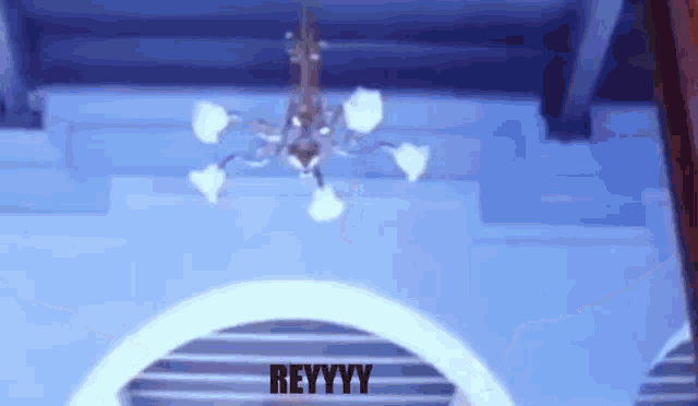 a chandelier is hanging from the ceiling in a room with the words reyyyy written on the bottom .