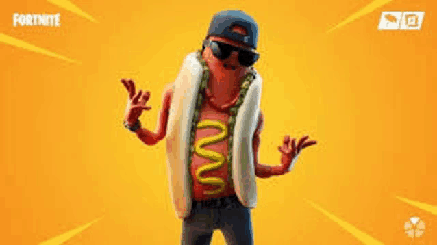 a cartoon character is dressed as a hot dog and wearing sunglasses and a hat .