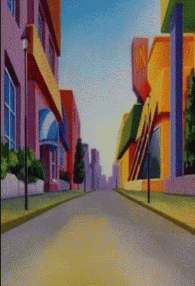a cartoon drawing of a city street with a mcdonald 's sign