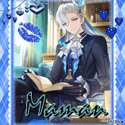 a picture of a man reading a book with the name massin written on it