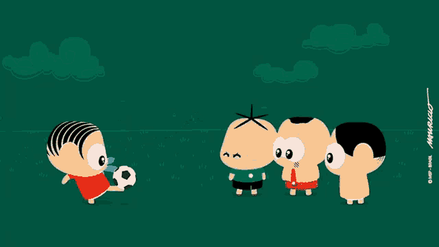 a cartoon of a girl kicking a soccer ball with the word marinho on the bottom right
