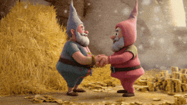 two gnomes are shaking hands in front of a pile of gold coins