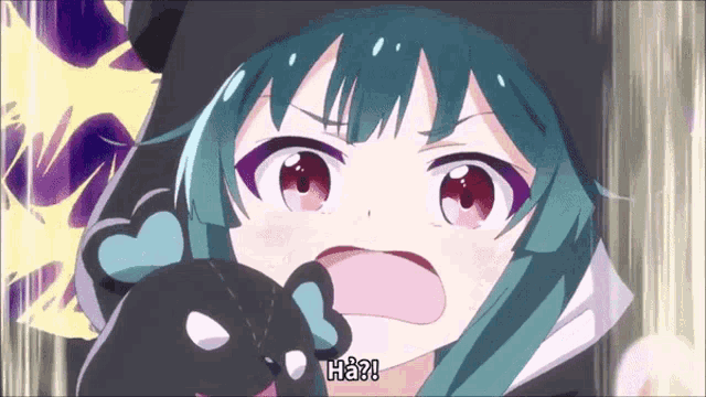a girl with green hair and purple eyes is holding a black teddy bear and says ha ?